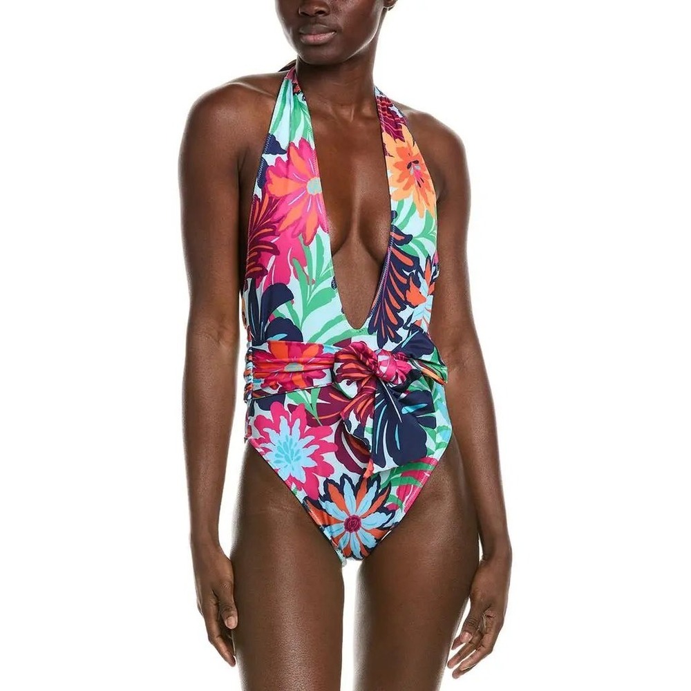Ramy Brook Raquel One Piece Swimsuit XS Floral Halter Plunge Multi C11238055 NEW
